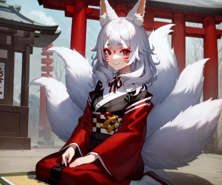 1674047767841257-2563038121-1girl, solo, silver hair, fluffy hair, bangs, red eyes, fox girl, fox ears, fox tail, multiple tails, red kimono, black kimomo,.png